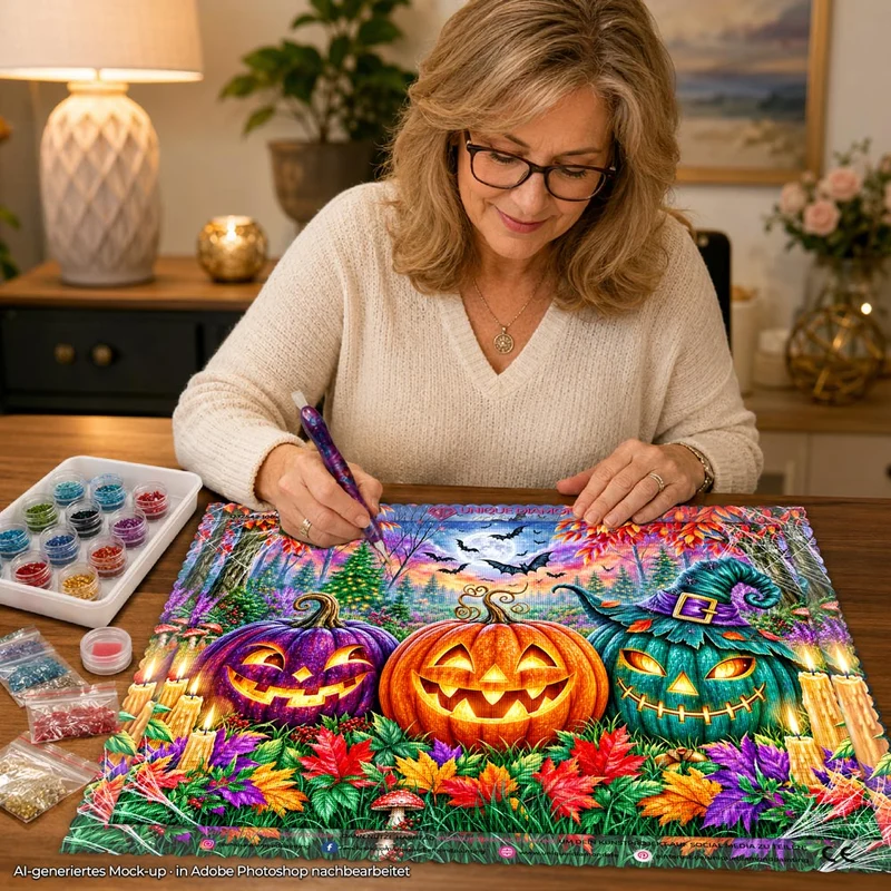 5D Diamond Painting – Kürbislichter im verzauberten Herbstwald