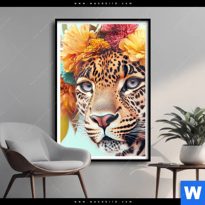 Poster | Leopard mit Blütenkranz | Hochformat