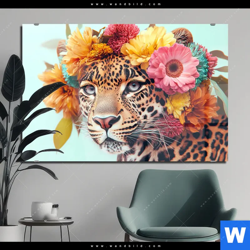 Acrylglasbild | Leopard mit Blütenkranz | Querformat