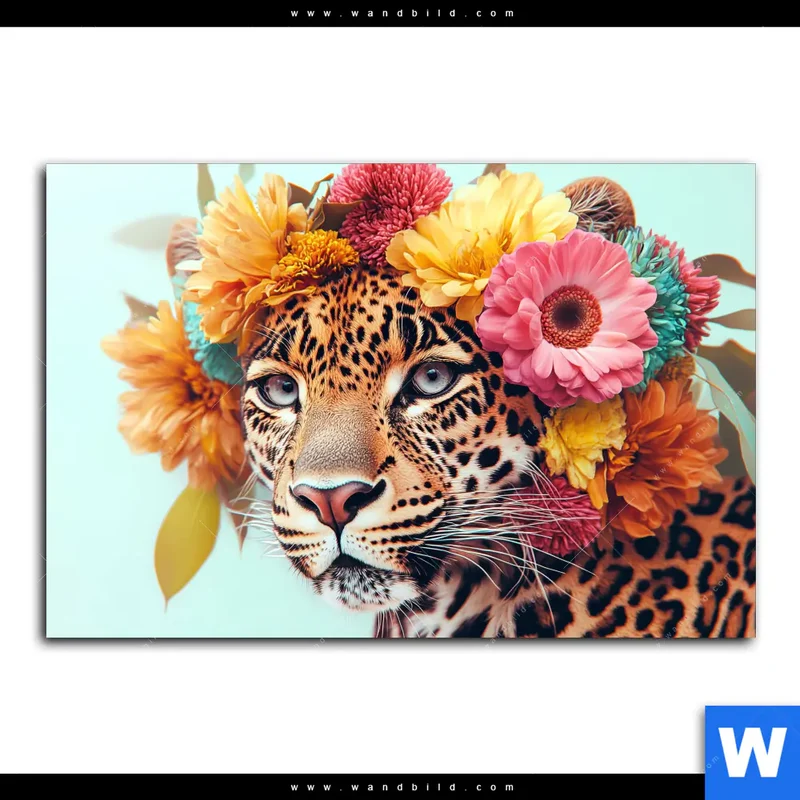 Acrylglasbild | Leopard mit Blütenkranz | Querformat
