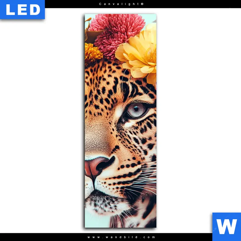 Canvalight® Leuchtbild | Leopard mit Blütenkranz | Schmal