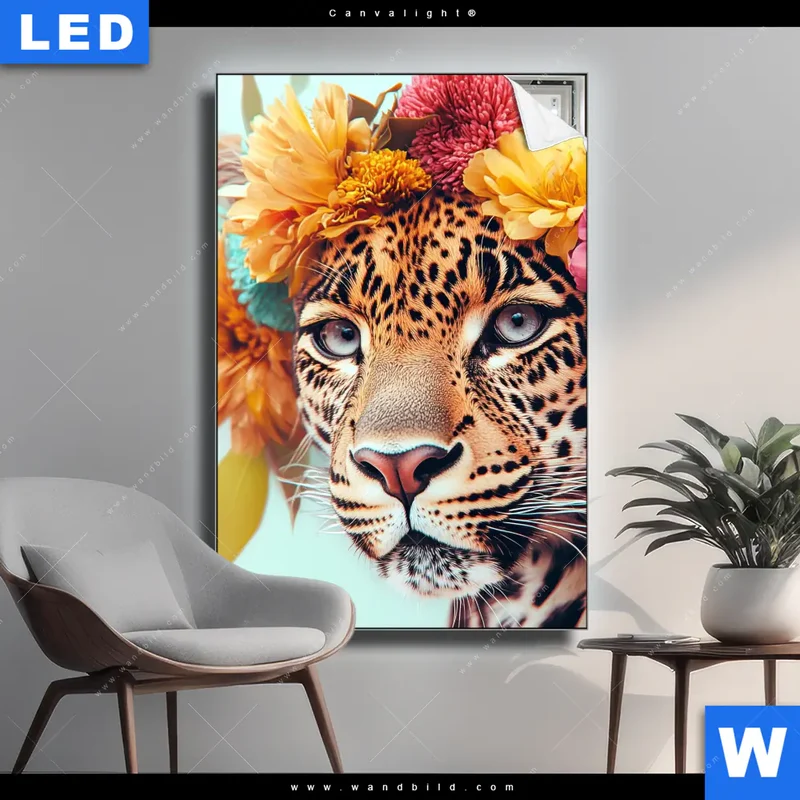 Canvalight® Leuchtbild | Leopard mit Blütenkranz | Hochformat