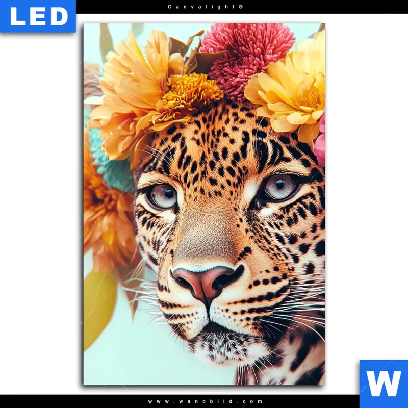 Canvalight® Leuchtbild | Leopard mit Blütenkranz | Hochformat