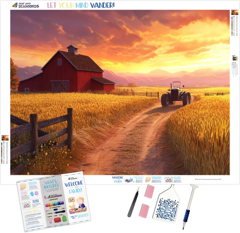 Golden Harvest Barn and Wheat Fields at Sunset