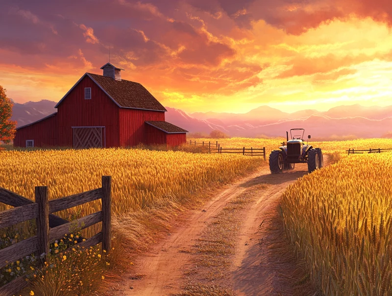 Golden Harvest Barn and Wheat Fields at Sunset