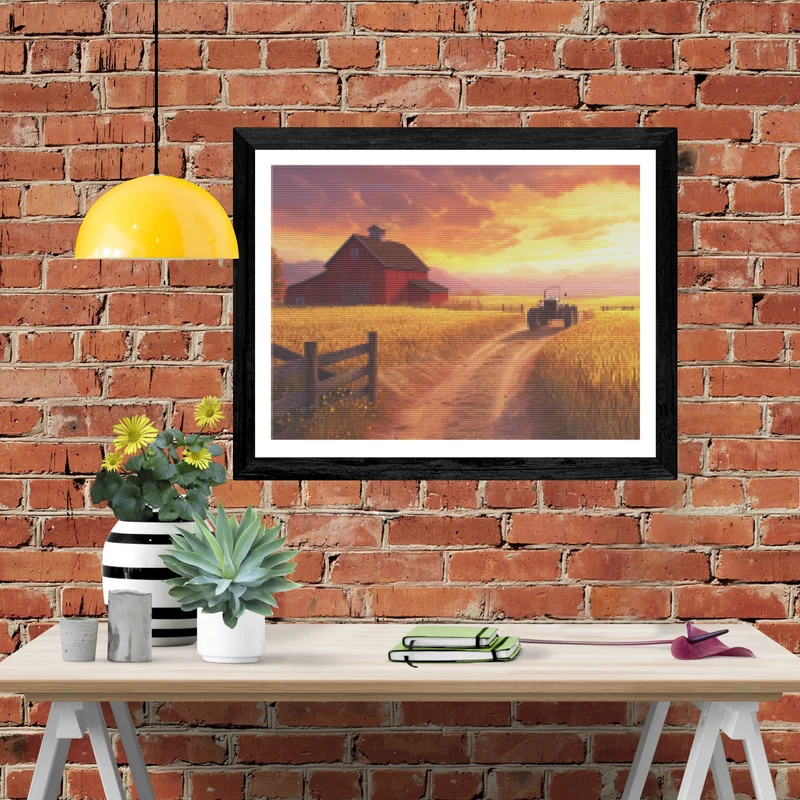 Golden Harvest Barn and Wheat Fields at Sunset