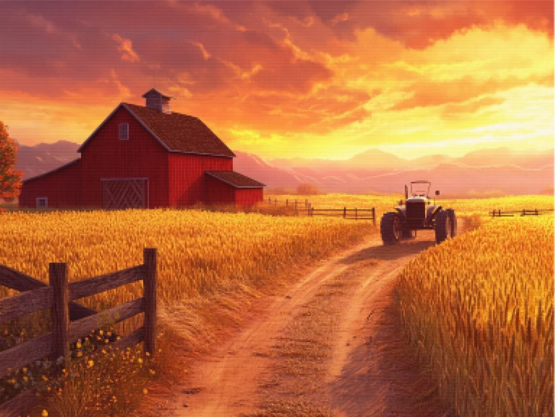 Golden Harvest Barn and Wheat Fields at Sunset