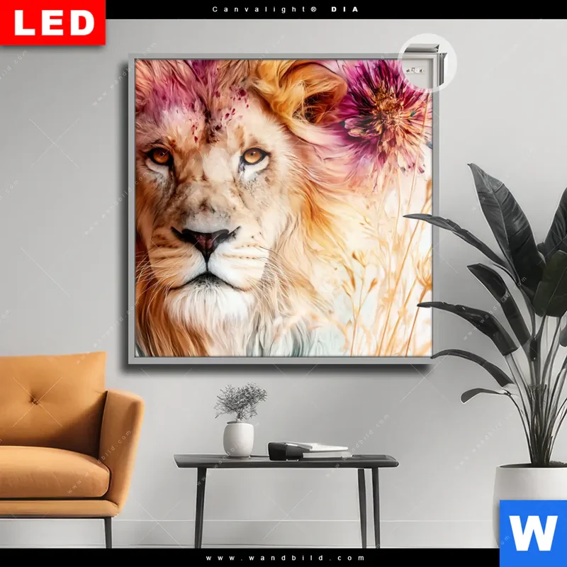 Leuchtbild Acrylglas Canvalight® DIA | Florale Stärke – Der Löwe | Quadrat