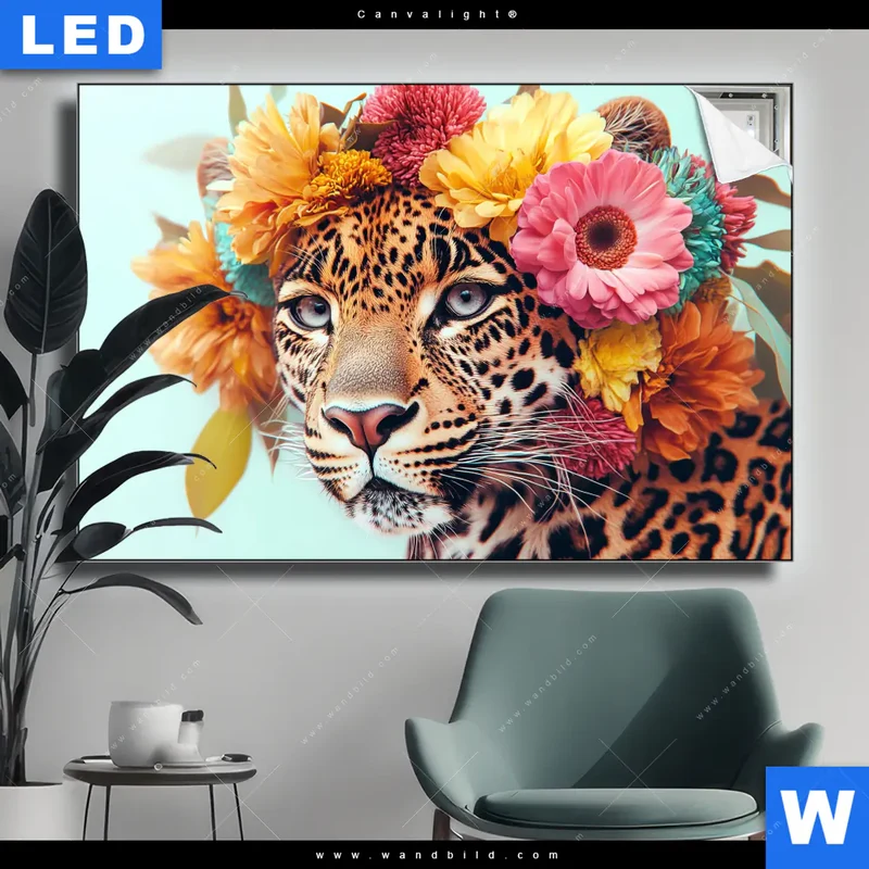 Canvalight® Leuchtbild | Leopard mit Blütenkranz | Querformat