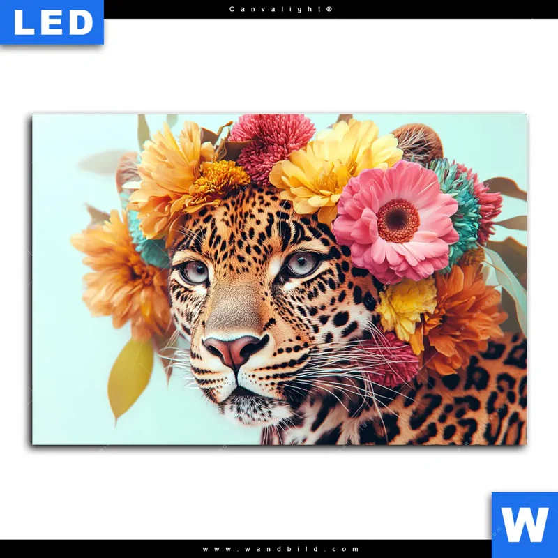 Canvalight® Leuchtbild | Leopard mit Blütenkranz | Querformat
