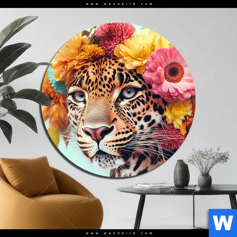 Aluminiumbild gebürstet | Leopard mit Blütenkranz | Rund
