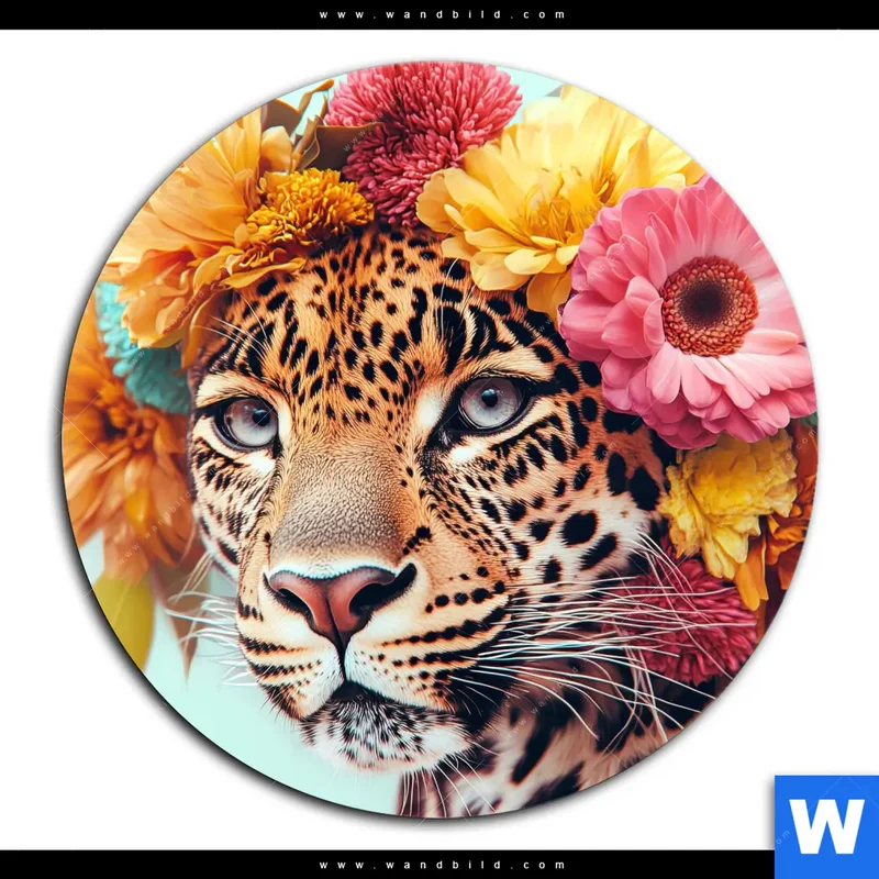 Aluminiumbild gebürstet | Leopard mit Blütenkranz | Rund