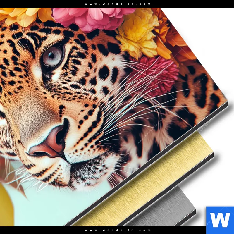 Aluminiumbild gebürstet | Leopard mit Blütenkranz | Rund