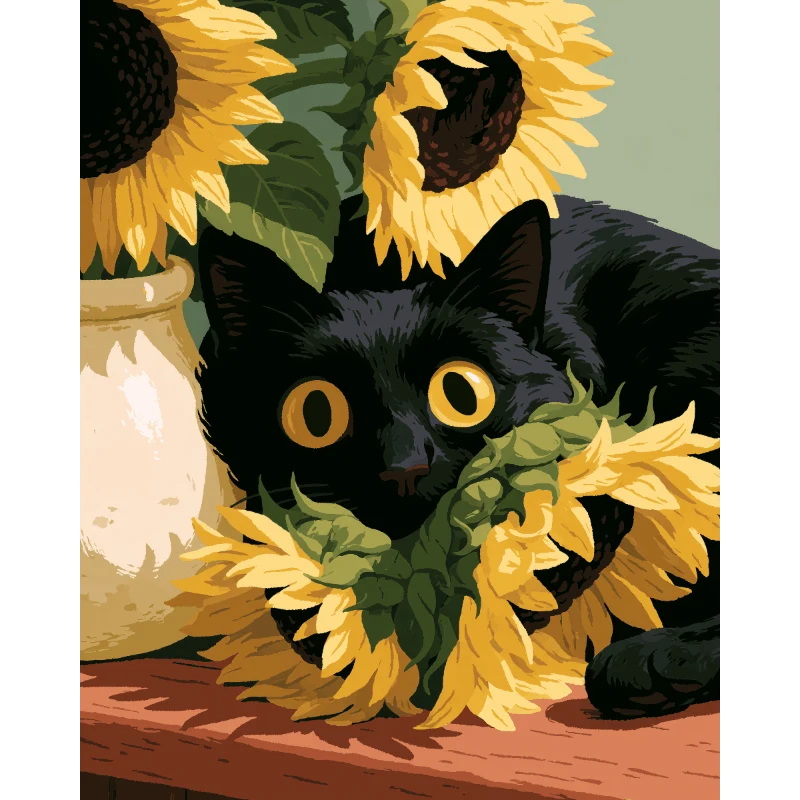 Schwarze Katze & Sonnenblumen