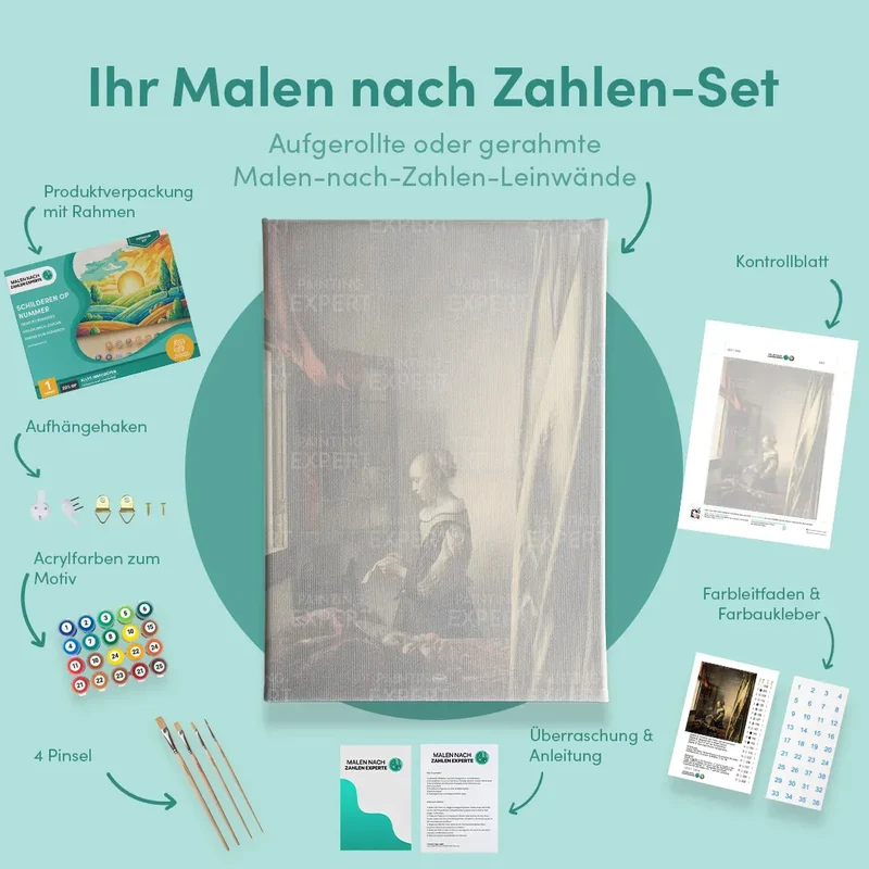 Malen nach Zahlen Mädchen das einen Brief an einem offenen Fenster liest