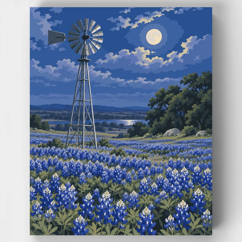 Moonlit Bluebonnet Windmill - Paint by Numbers Kit