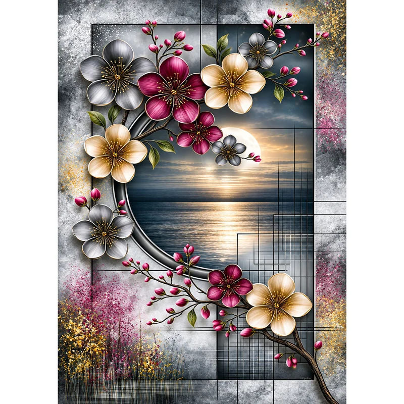 5D Diamond Painting – Blütenmond über dem stillen Meer