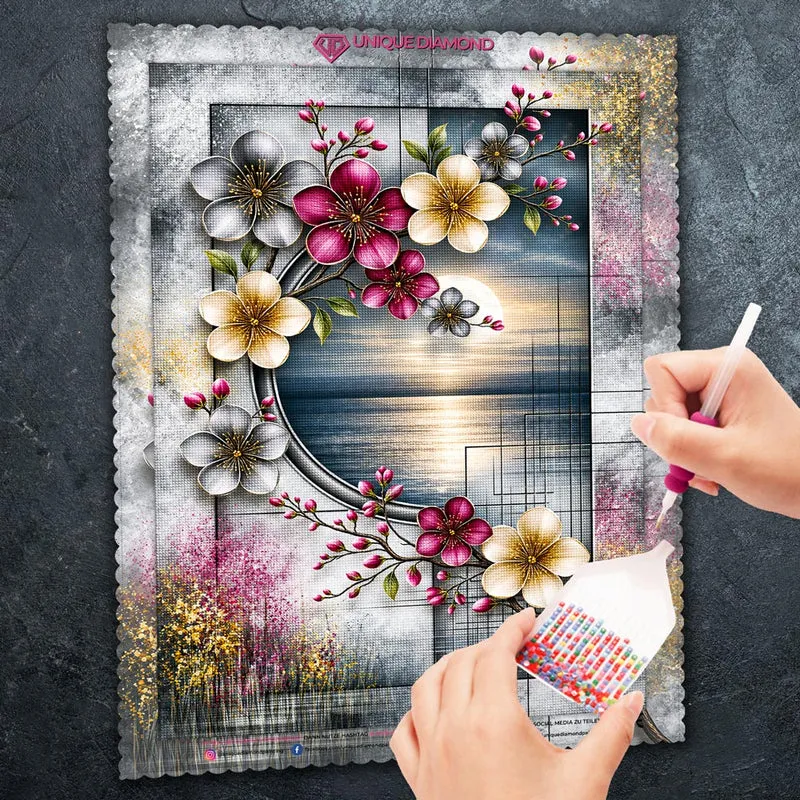 5D Diamond Painting – Blütenmond über dem stillen Meer