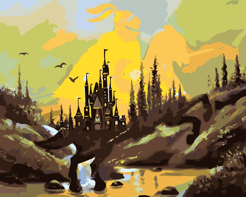 Diamond painting - RITTER ZU PFERD, SCHLOSS UND SONNENUNTERGANG (D. RUSTY RUST)