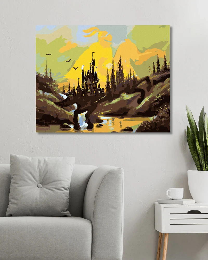 Diamond painting - RITTER ZU PFERD, SCHLOSS UND SONNENUNTERGANG (D. RUSTY RUST)