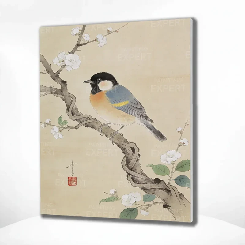 Malen nach Zahlen Kohlmeisen auf einem blühenden Zweig von Ohara Koson Japan