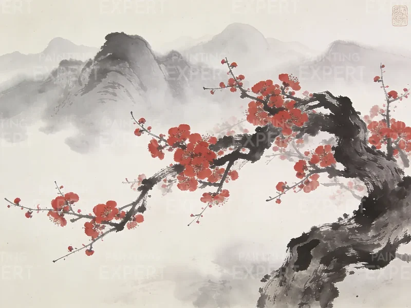 Malen nach Zahlen Kirschblüten vor nebelverhangenen Berggipfeln – Japandi-Panorama Japan