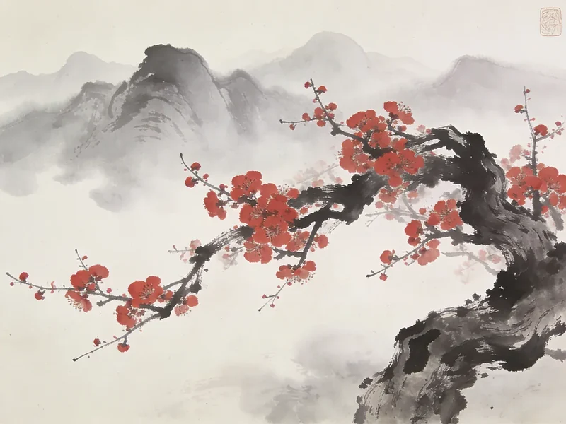 Malen nach Zahlen Kirschblüten vor nebelverhangenen Berggipfeln – Japandi-Panorama Japan