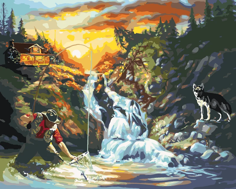 Diamond painting - FISCHER, WASSERFALL UND WOLF (D. RUSTY RUST)