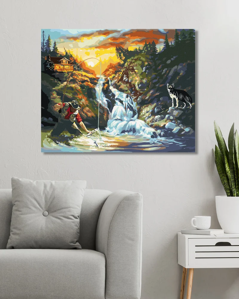 Diamond painting - FISCHER, WASSERFALL UND WOLF (D. RUSTY RUST)
