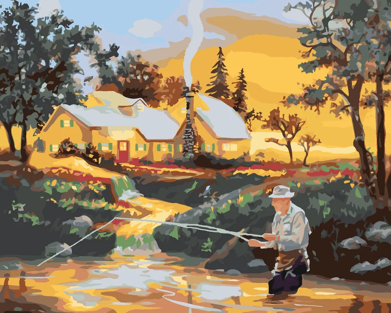 Diamond painting - MANN BEIM ANGELN IM FLUSS, HAUS UND SONNENUNTERGANG (D. RUSTY RUST)