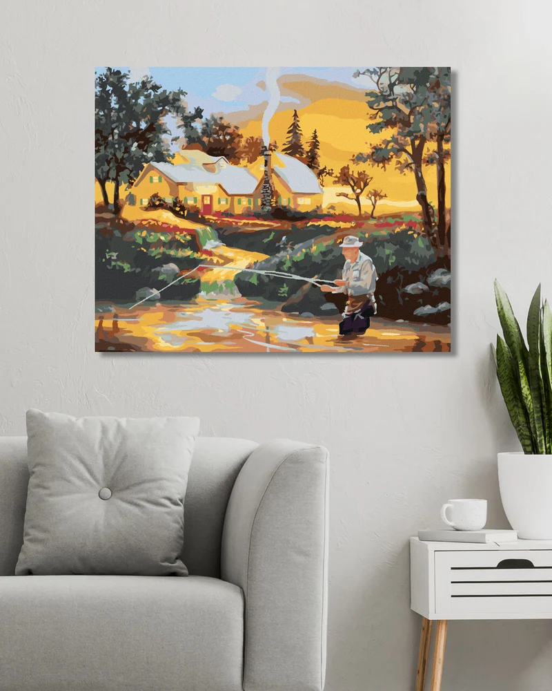 Diamond painting - MANN BEIM ANGELN IM FLUSS, HAUS UND SONNENUNTERGANG (D. RUSTY RUST)