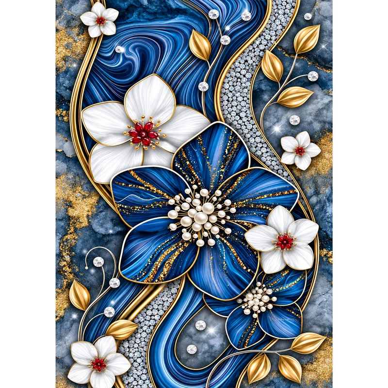 5D Diamond Painting – Saphirblüten im Goldglanz