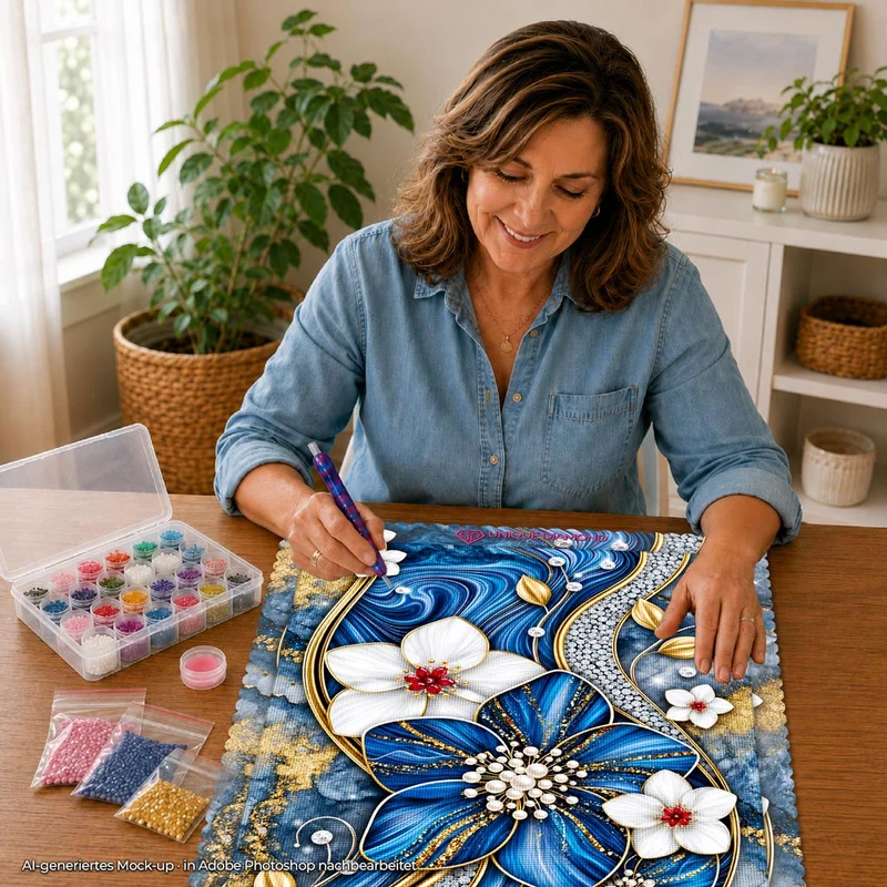 5D Diamond Painting – Saphirblüten im Goldglanz