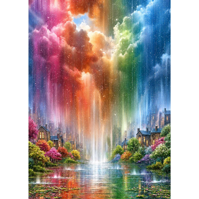 5D Diamond Painting – Regenbogenregen über der Traumstadt