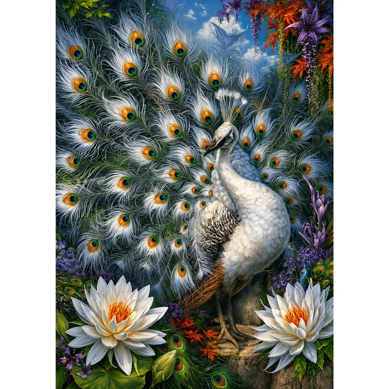 5D Diamond Painting – Weißer Pfau im Blütenparadies