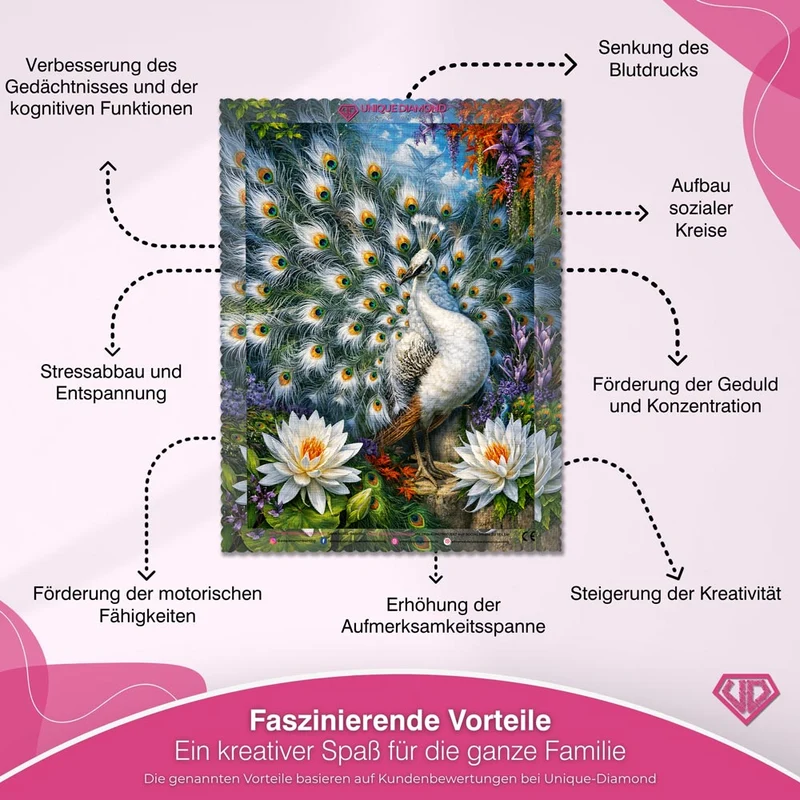5D Diamond Painting – Weißer Pfau im Blütenparadies