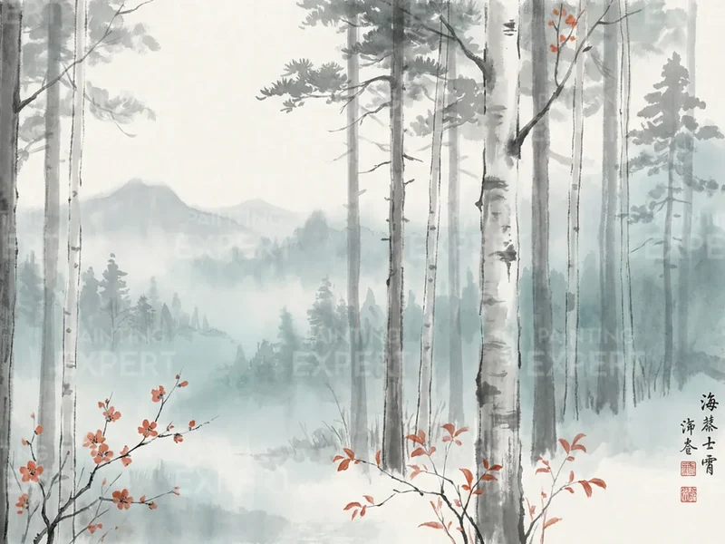 Malen nach Zahlen Birkenwald im Nebel mit roten Akzenten Japan