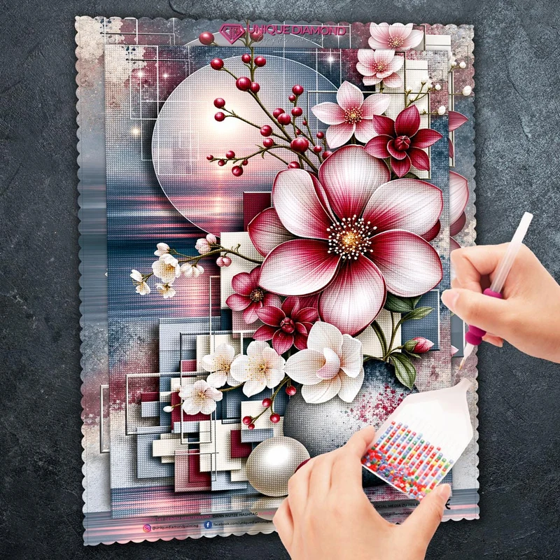 5D Diamond Painting – Blütenpoesie in Rubin & Perlmutt