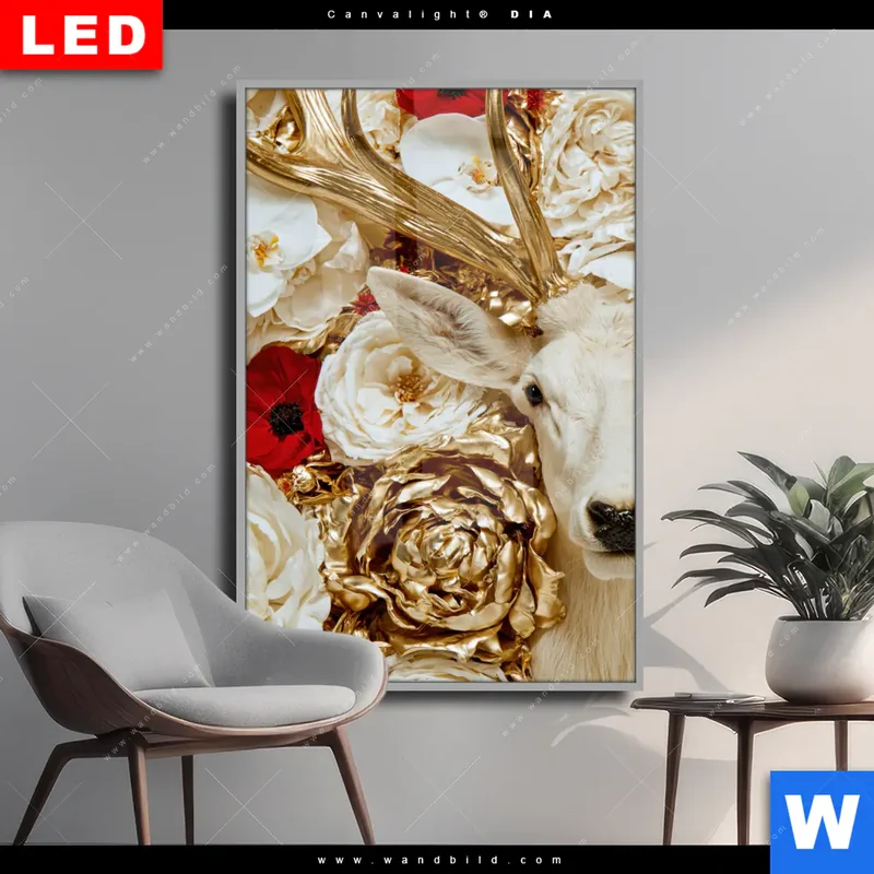 Wechselmotiv Acrylglas Canvalight® DIA | Weißer Hirsch zwischen Rosen | Hochformat