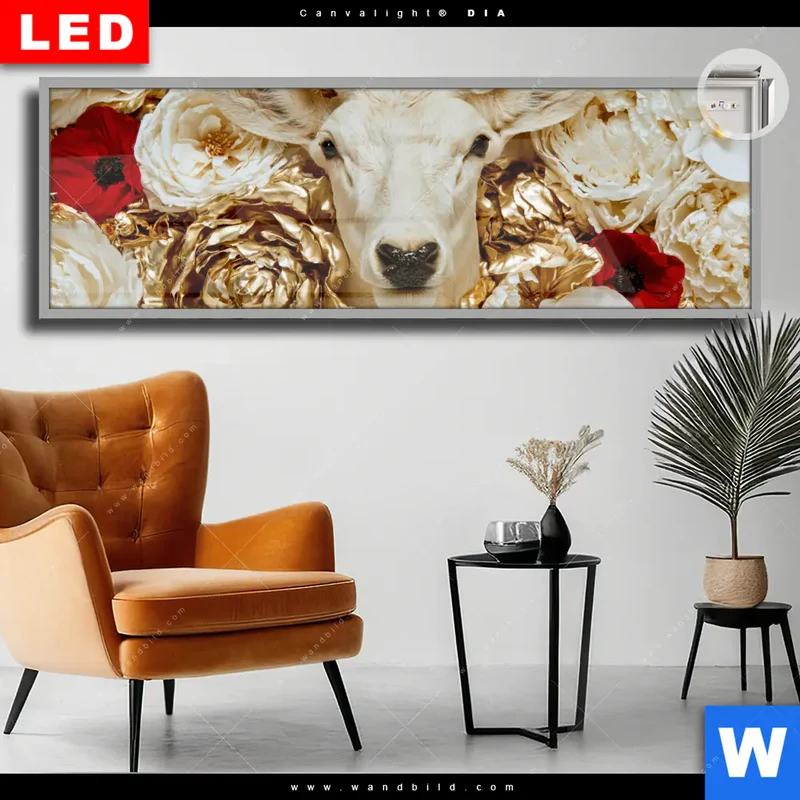 Leuchtbild Acrylglas Canvalight® DIA | Weißer Hirsch zwischen Rosen | Panorama