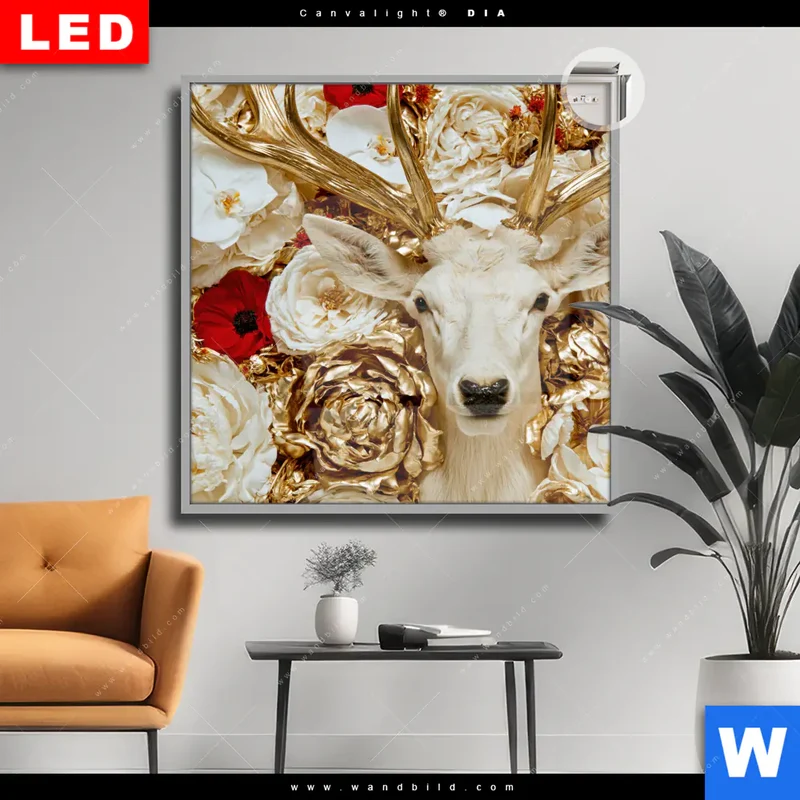 Leuchtbild Acrylglas Canvalight® DIA | Weißer Hirsch zwischen Rosen | Quadrat