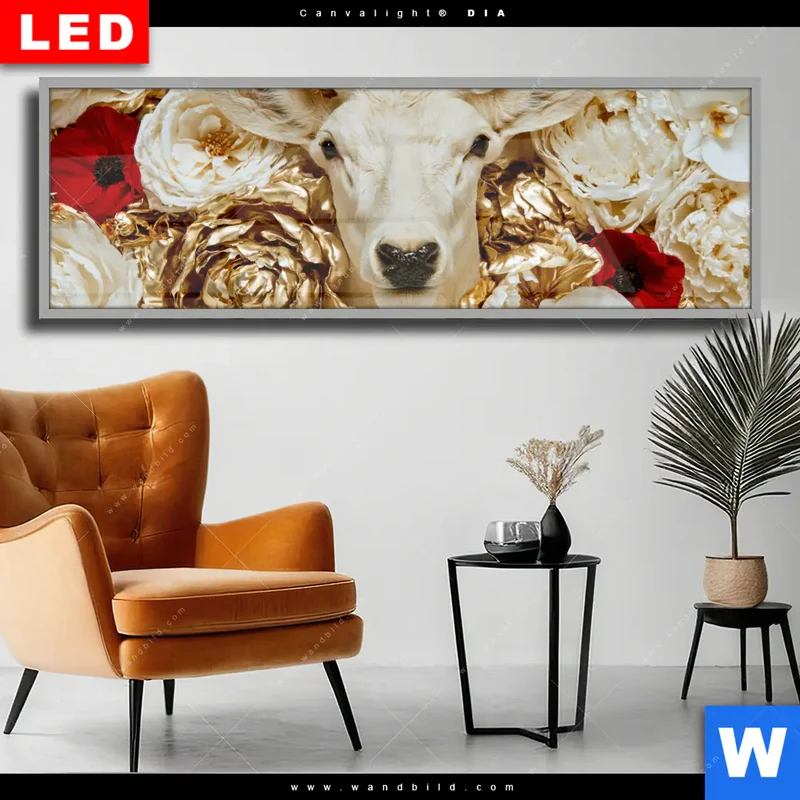 Wechselmotiv Acrylglas Canvalight® DIA | Weißer Hirsch zwischen Rosen | Panorama
