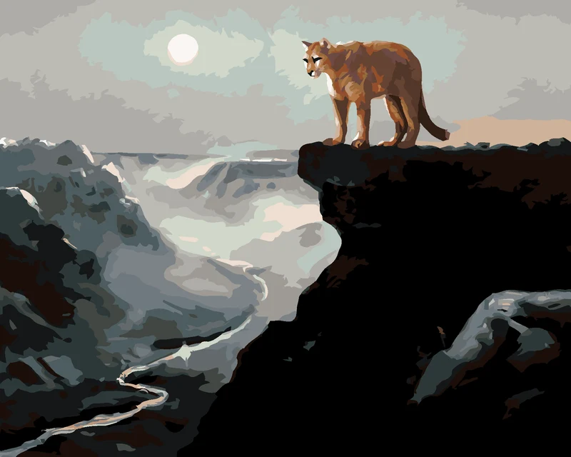 Diamond painting - PUMA AUF DEM FELSEN, FLUSS IM TAL UND MOND (D. RUSTY RUST)