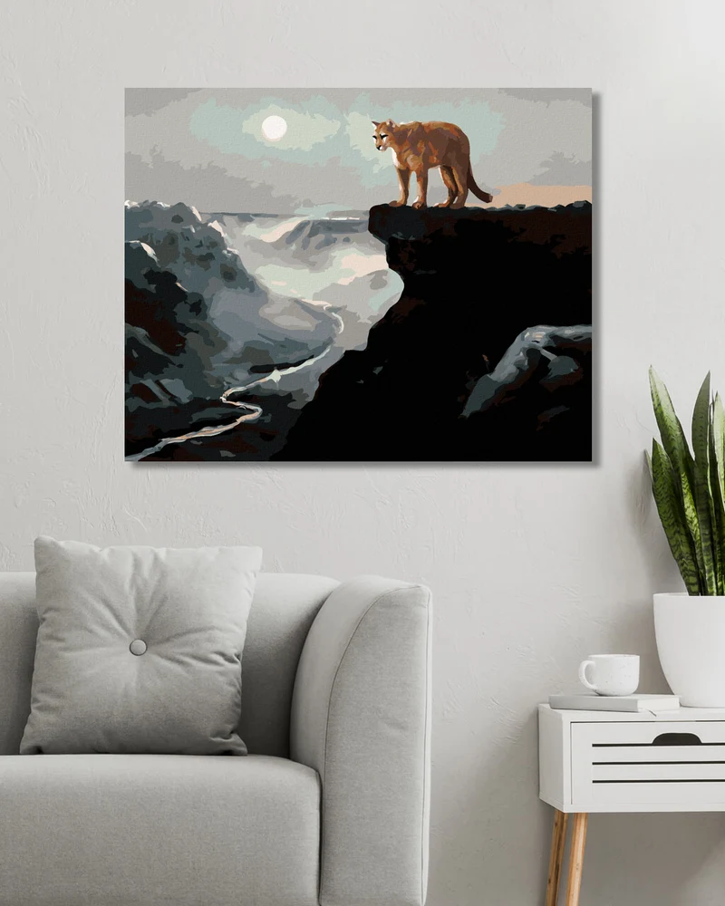 Diamond painting - PUMA AUF DEM FELSEN, FLUSS IM TAL UND MOND (D. RUSTY RUST)