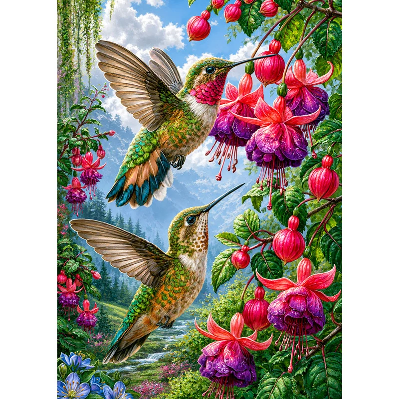 5D Diamond Painting – Kolibris im Fuchsiengarten