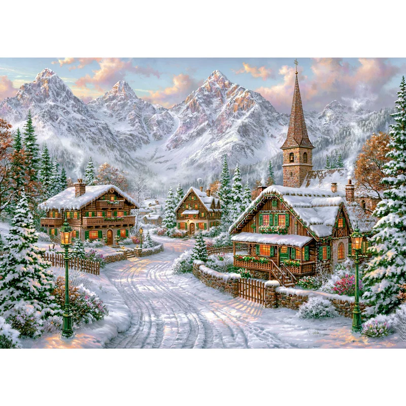 5D Diamond Painting – Winterdorf im Alpenglühen