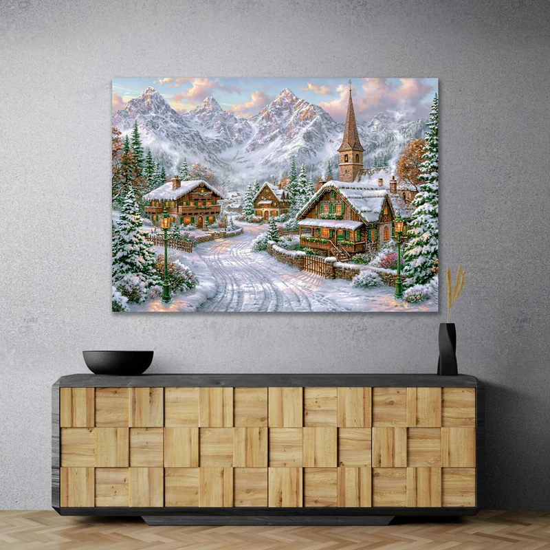 5D Diamond Painting – Winterdorf im Alpenglühen