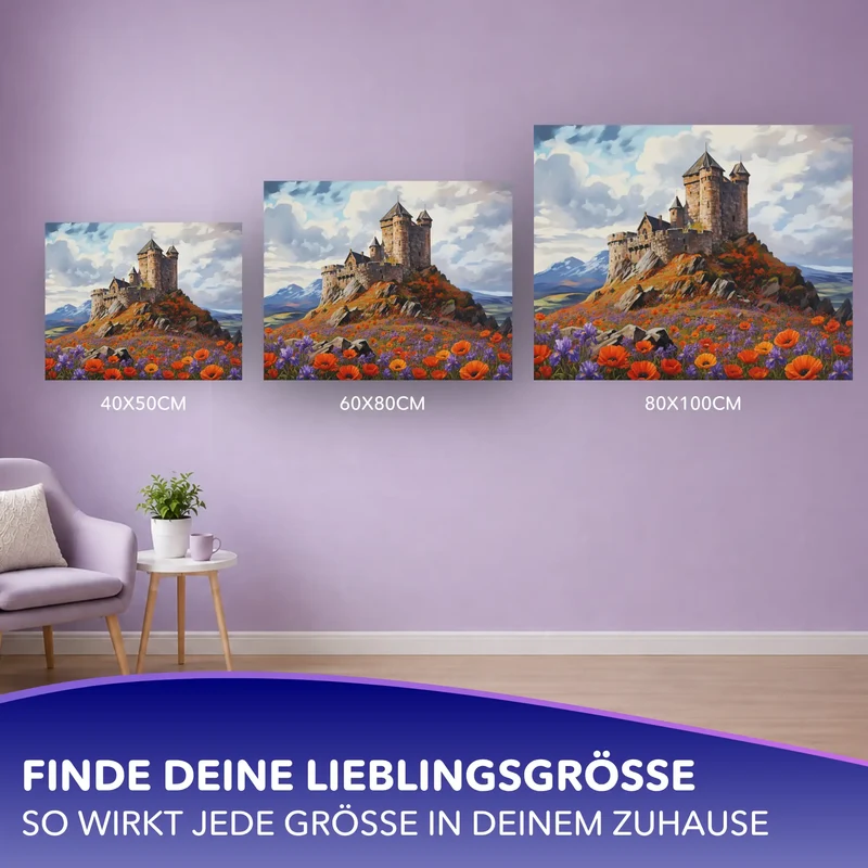Malen nach Zahlen - Burg im Blütenmeer
