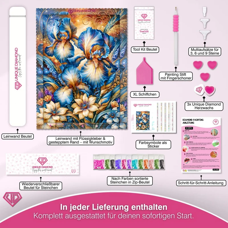 5D Diamond Painting – Blue Iris Golden Radiance