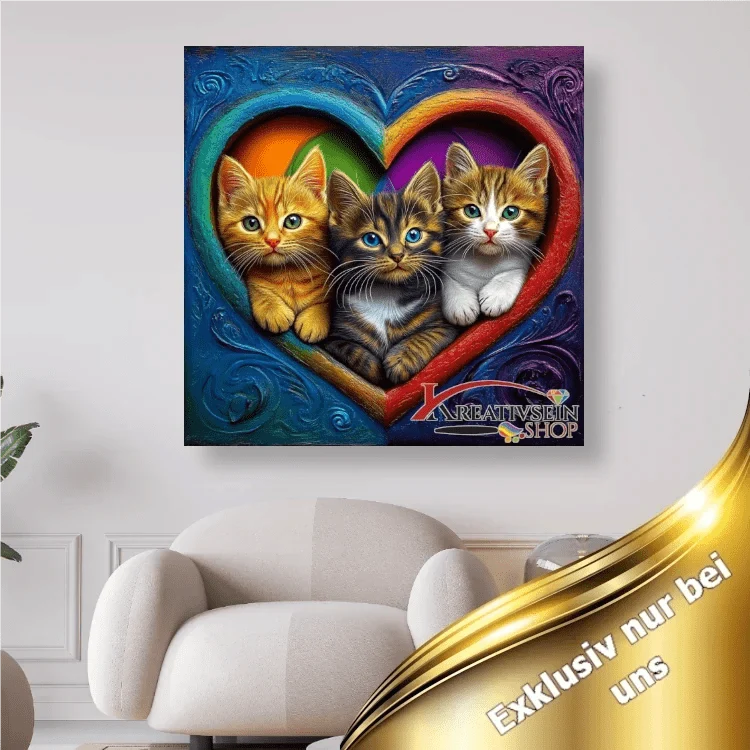 3 Kätzchen im bunten Herzrahmen - 5D DIY Diamond Painting